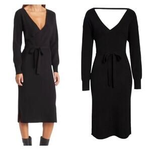 Chelsea28 Belted Long Sleeve V-Neck V-Back Sweater Dress in Black Sz XS NWT